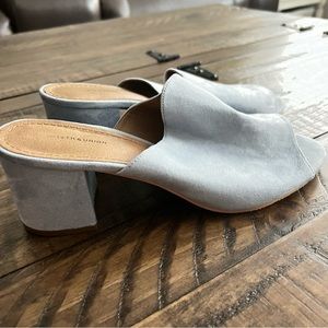 14th & Union Hayzel Light Blue Suede Slip On Mules Chunky Heels